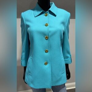 Tahari Levine Aqua Blue Textured Blazer Coat Gold Buttons Sz 10